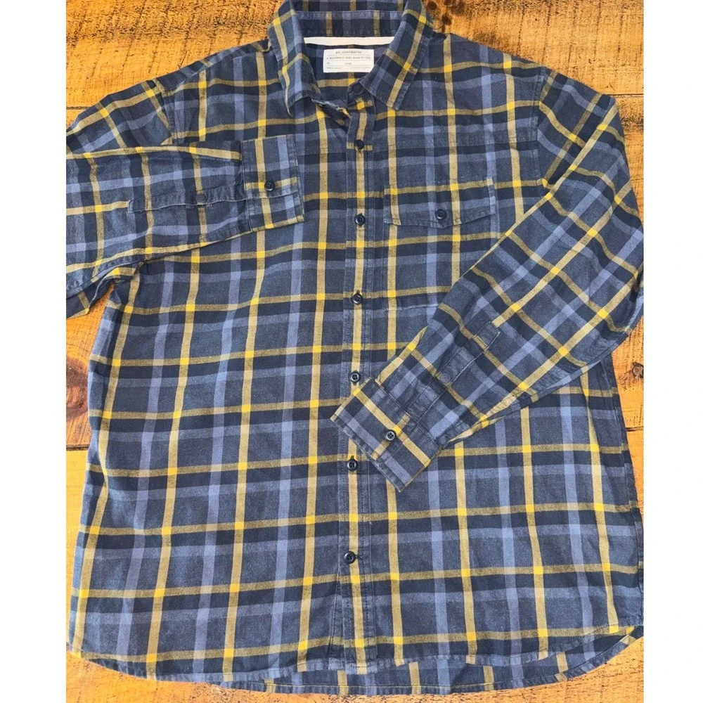 REI Co-Op Mens Blue Yellow Plaid Flannel Long Sleeve Button Down Shirt Large - Picture 2 of 7